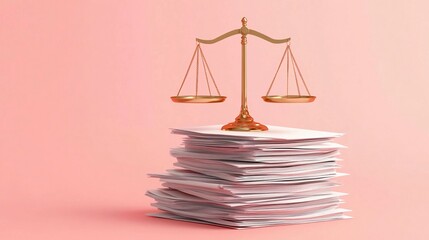 a justice scale sitting on a small stack of documents on a solid pastel pink background, adhering to rules law regulation policy, business legal compliance concept