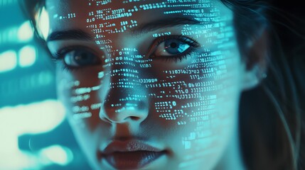A close-up of a young woman with a digital interface overlay with binary codes and technology imagery on a cool gradient background blending human and futuristic themes