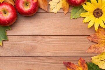 Playful arrangement of red apples, vibrant yellow flowers, and green leaves on rustic wooden surface in autumn setting