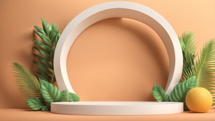 Fototapeta premium 3d rendering of an empty podium stand for a product presentation with a summer concept. Commercial photo.