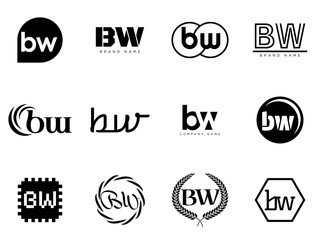 BW logo company template. Letter b and w logotype. Set different classic serif lettering and modern bold text with design elements. Initial font typography.