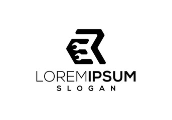 Initial letter ER automotive logo with black crossed wrenches