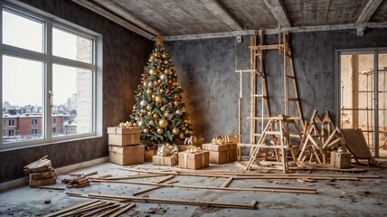 Obraz premium Merry Christmas and New year 2025. the concept of construction and renovation of apartments, houses. Place for the text