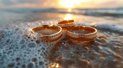 Three wedding rings resting in ocean foam at sunset, symbolizing love and commitment.