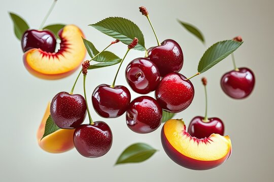 Fresh Juicy Cherry and Peach Slices with Delicate Leaves on a Soft Background - Powered by Adobe