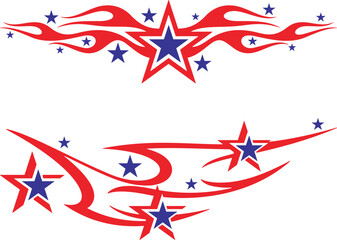 Vector Flames and Stars vehicle decal designs in American-inspired style. Ready-to-cut graphics, great for car and sport vehicle wraps, celebration and holiday designs in national colors.