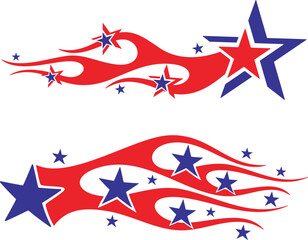 Vector Flames and Stars vehicle decal designs in American-inspired style. Ready-to-cut graphics, great for car and sport vehicle wraps, celebration and holiday designs in national colors.