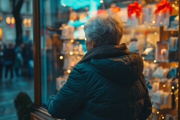 An elderly woman with short gray hair, wearing a warm jacket, observing vintage property ads on a rustic agency window at twilight 4