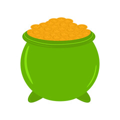 Green iron cauldron filled with gold coins isolated on white background. St. Patrick's Day element pot of money in colorful cartoon style. Concept of fortune lucky and magic. Vector illustration