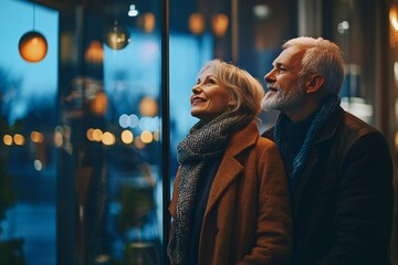 Fototapeta premium An elderly couple dressed elegantly, looking at premium real estate advertisements on a modern agency's glass window at dusk 7