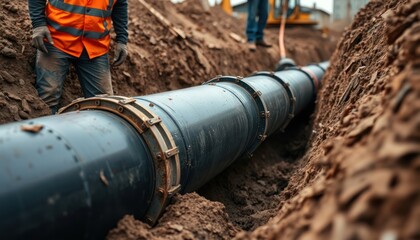 Construction site shows trenchless pipe installation tech. Worker in high-vis vest works on underground pipeline. Innovative eco-friendly solution for utility maintenance. Project uses compact