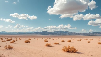 Naklejka premium Vast arid plain stretches to distant mountains under partly cloudy sky. Scattered shrubs dot landscape. Sunny day. Quiet contemplation, timeless beauty of deserted place. Perfect for travelers,