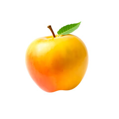 A delicious yellow apple with a green leaf. Transparent background, cut out.