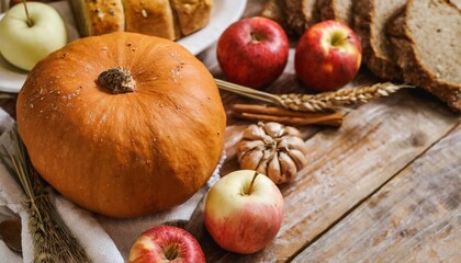 Autumn Harvest Table with Pumpkins, Apples, Fresh Bread, and Rustic Decorations