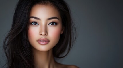 Naklejka premium Stunning Studio Headshot of a Beautiful Brunette Woman with Captivating Eyes and a Warm Smile