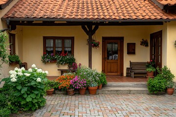 Fototapeta premium A traditional rural house with beige walls, orange-red tiles, large terrace, gray-red mixed tiles in courtyard, flower pots, wooden doors and windows, set under overcast light, complete photo 1