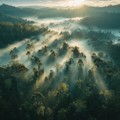 A green hillside with a foggy forest