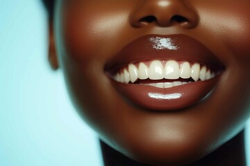 Closeup of a black woman smiling showing perfect teeth. Space for copy