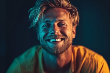 Obraz premium A smiling man in his late 30s, tall and lean, with blond hair and a beard, illuminated by soft, blueish lighting in an empty, calm void, giving an expressive, natural pose 2