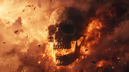 Apocalyptic hellscape of eternal damnation where evil reigns with colossal demonic skeleton skull engulfed in fire and brimstone storms. Brimstone. Illustration