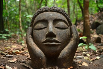 Obraz premium Enigmatic Idol: Ancient Wooden Sculpture of a Mystical Face in a Forest Setting, Merging Nature and Religion