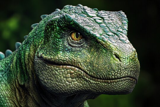 A self-portrait of a distinguished green TYREX, showing its intelligence through its focused expression and detailed, textured skin 3