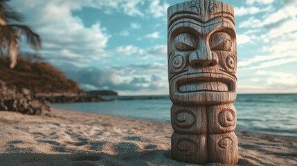 Vintage Tiki Masks: Tribal Wooden Carvings on a Beach for a Vibrant Travel Party Vibe