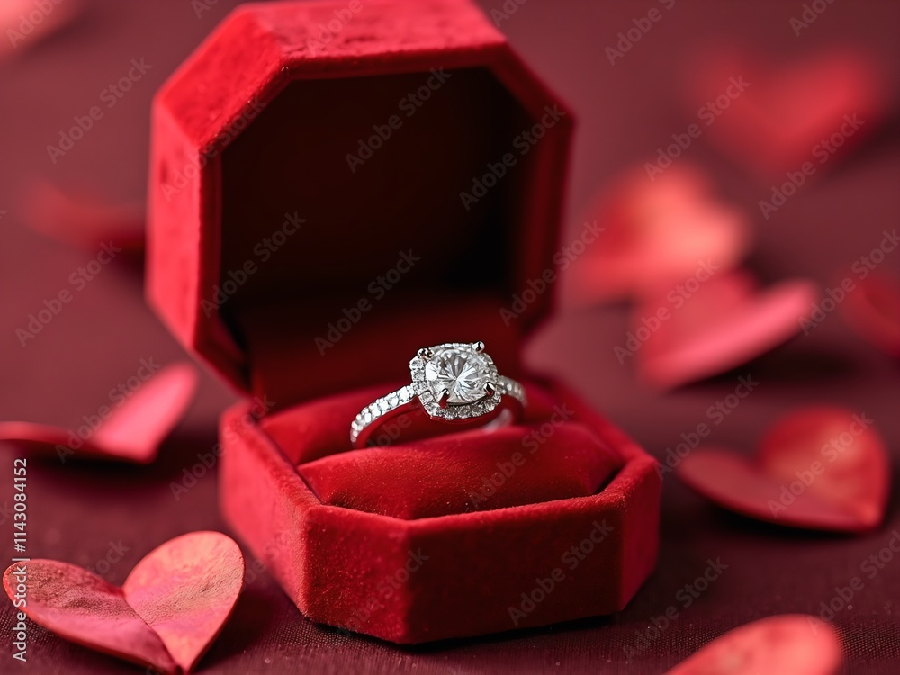 Poster the image shows a silver engagement ring in a red ring box with scattered red petals around it.