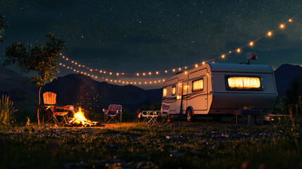 Obraz premium A serene caravan camping scene under a starry sky, featuring fairy lights strung across the campsite, campfires glowing warmly, and a wide-open landscape inviting relaxation. 
