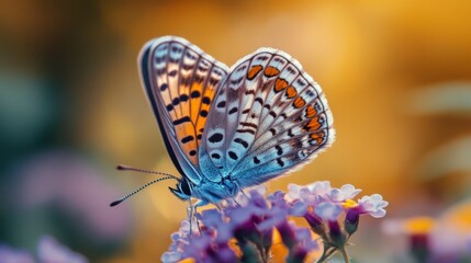 Butterfly resting on a vibrant purple flower with blurred green background
