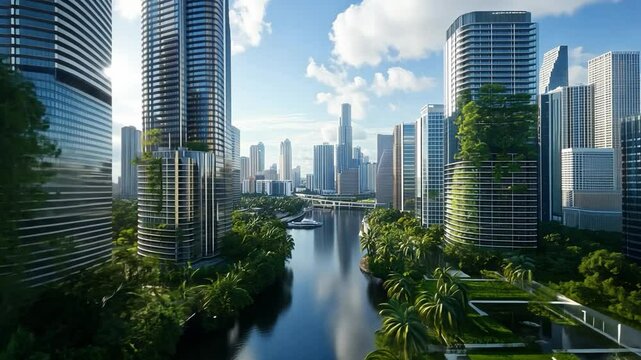 Modern urban skyline with lush greenery and river in a vibrant city setting during daylight