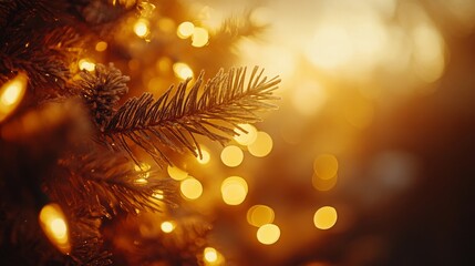 Fototapeta premium Snow-dusted Christmas tree branch with glowing golden lights