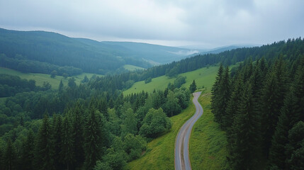 Winding forest road, seen from drone aerial view. journey through green landscape, trees lining rural highway. nature travel from above, showing transportation route in countryside environment.