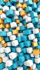 Abstract 3D cube background. Stylish design. Modern, futuristic. Shiny blue white gold cubes form pattern. Elegant geometric structure. Tech background for wallpaper. Luxurious, glossy look. High