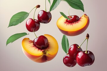 Fresh Cherry and Peach Slices with Delicate Leaves on a Soft Background