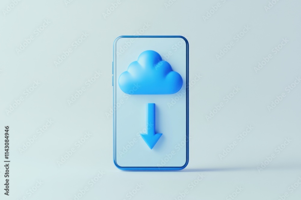 Wall mural 3d render of a simple, minimalistic blue cloud icon with up and down arrows on a smartphone screen, 
