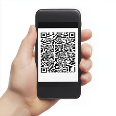 hand holding smart phone with qr code