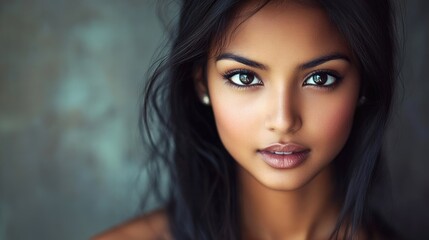 Naklejka premium Elegant Headshot of a Beautiful Asian Indian Woman Smiling in a Professional Studio Setting