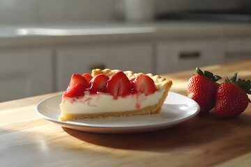 A close-up of a strawberry tart slice with glossy strawberries on yellow vanilla cream, golden crust, on a modern plate, with strawberries nearby 