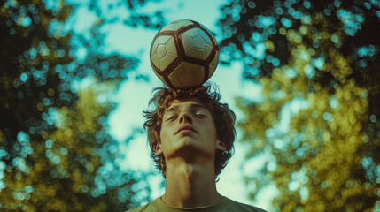 A young man demonstrates balancing a soccer ball on his head in a vibrant park setting, showcasing skill and focus with a blurred forest background and sunlight filtering through foliage.