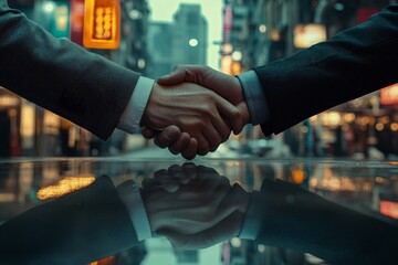 A cinematic close-up of two hands shaking on a glass table, reflecting a bustling urban setting in the background, symbolizing modern corporate agreements 2