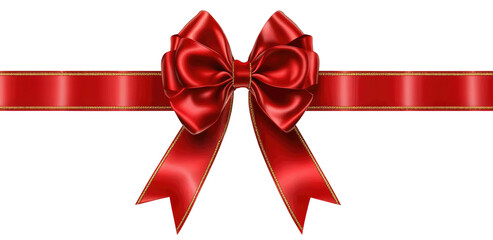Red ribbon and bow with gold led diagonally through isolated on a transparent background