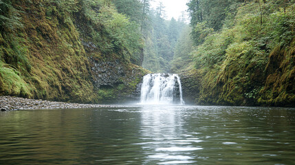Fototapeta premium Mossy canyon waterfall, lush forest stream, cascading river through rocks, serene wilderness greenery landscape, misty nature cascade, scenic mountain water flow.