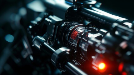 Naklejka premium 3D-rendered mechanical assembly with detailed parts illuminated by red highlights, showcasing intricate engineering and futuristic design. AI generated.