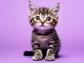 Obraz premium Cute tabby kitten sitting on a purple background, looking at the camera.
