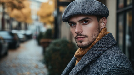 Stylish beret hat on young gentleman, vintage cap accessory, fashionable headgear for man, classic french style beret, trendy retro clothing item in gray or grey color.