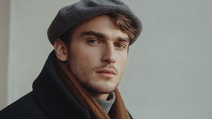 Stylish beret hat on young gentleman, vintage cap accessory, fashionable headgear for man, classic french style beret, trendy retro clothing item in gray or grey color.