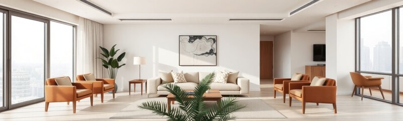 Fototapeta premium Open plan living room with neutral colors and modern furniture. Stylish and cozy ambience. Large windows offer city views. Warm lighting and wooden furniture. Relaxing and inviting space.