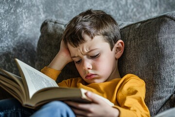 Profile shot of a child reading a book, showing frustration, seated on a comfy chair, with soft indoor lighting and a look of concentration 4