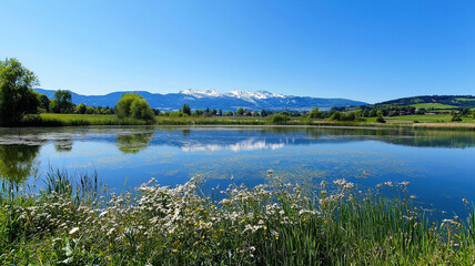 Obraz premium A serene mountain lake surrounded by lush green meadows and wildflowers, with a clear blue sky and distant snow-capped peaks reflecting on the water, creating a tranquil natural scene.